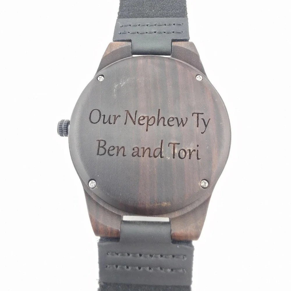 Men's Minimalist Wood Watch Engraved Sandalwood Black Leather Strap 8.5